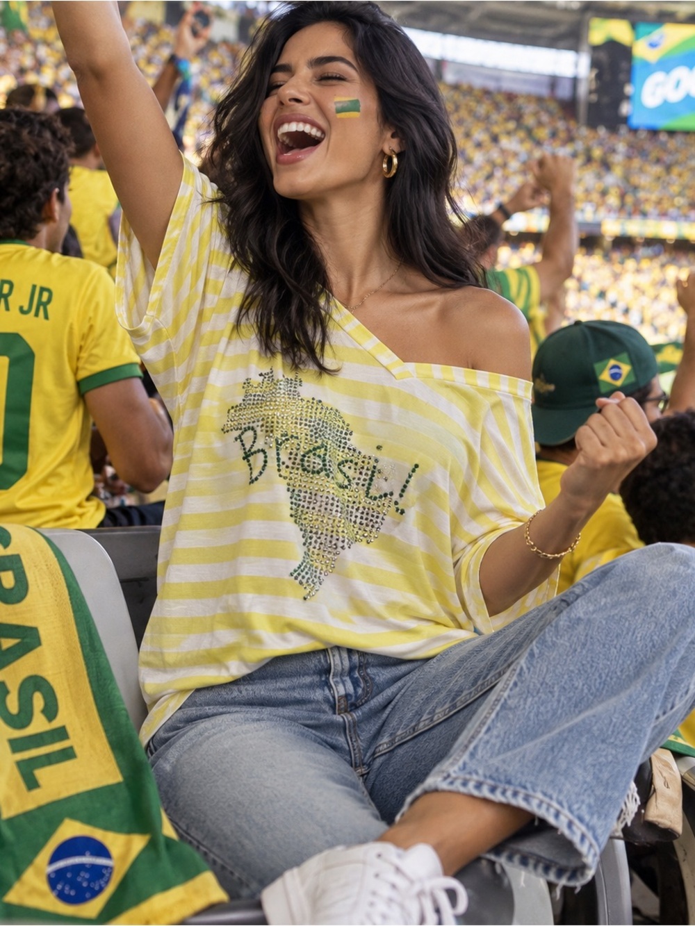 🌸 Brazil Crystal Decorated Off-Shoulder Top - Yellow/White size L Relaxed Fit